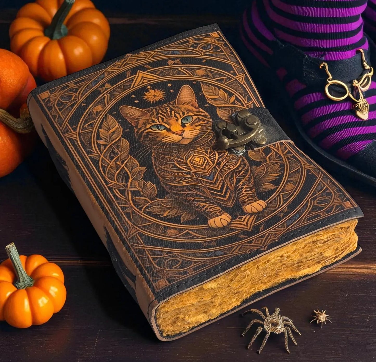 Vintage Cat Journal, Leather Spell Book, Celtic Design Notebook