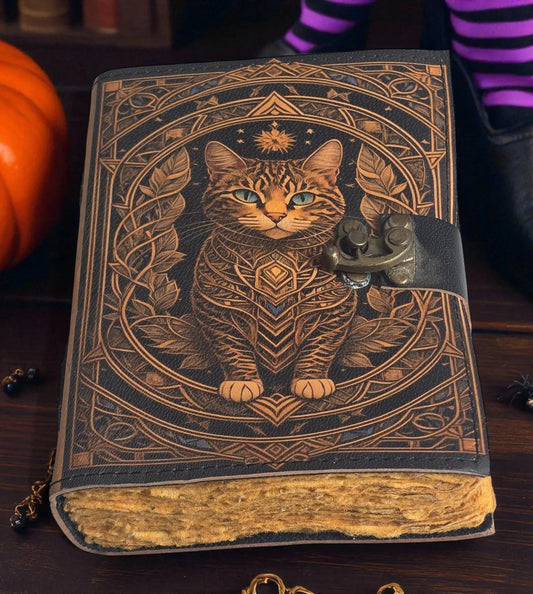 Vintage Cat Journal, Leather Spell Book, Celtic Design Notebook