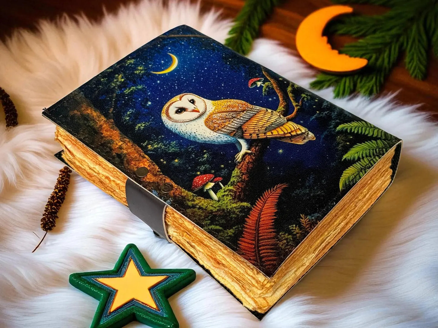 Mystic Owl Leather Journal – Moon Phases Notebook | Vintage Witchy Grimoire |