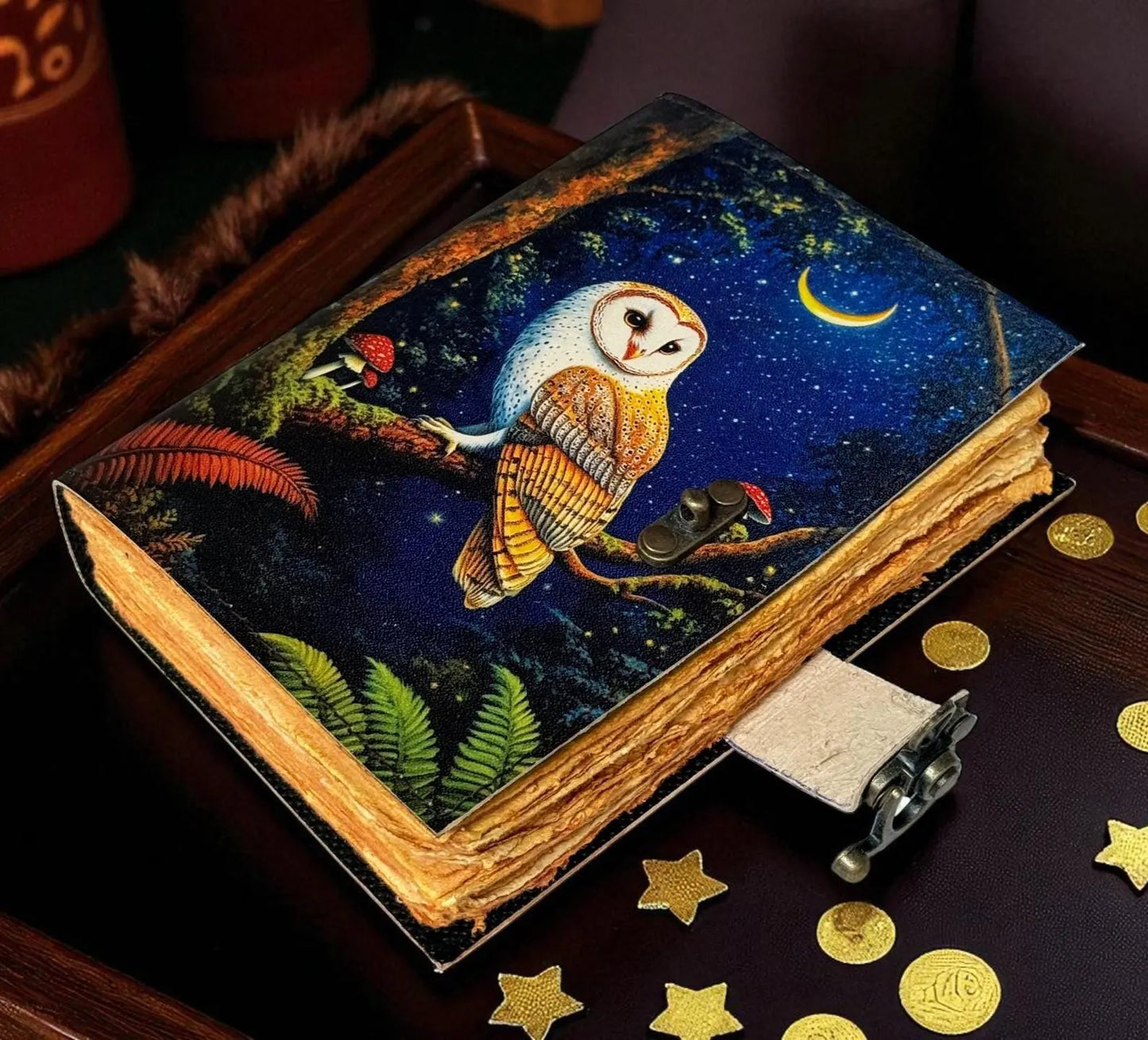 Mystic Owl Leather Journal – Moon Phases Notebook | Vintage Witchy Grimoire |