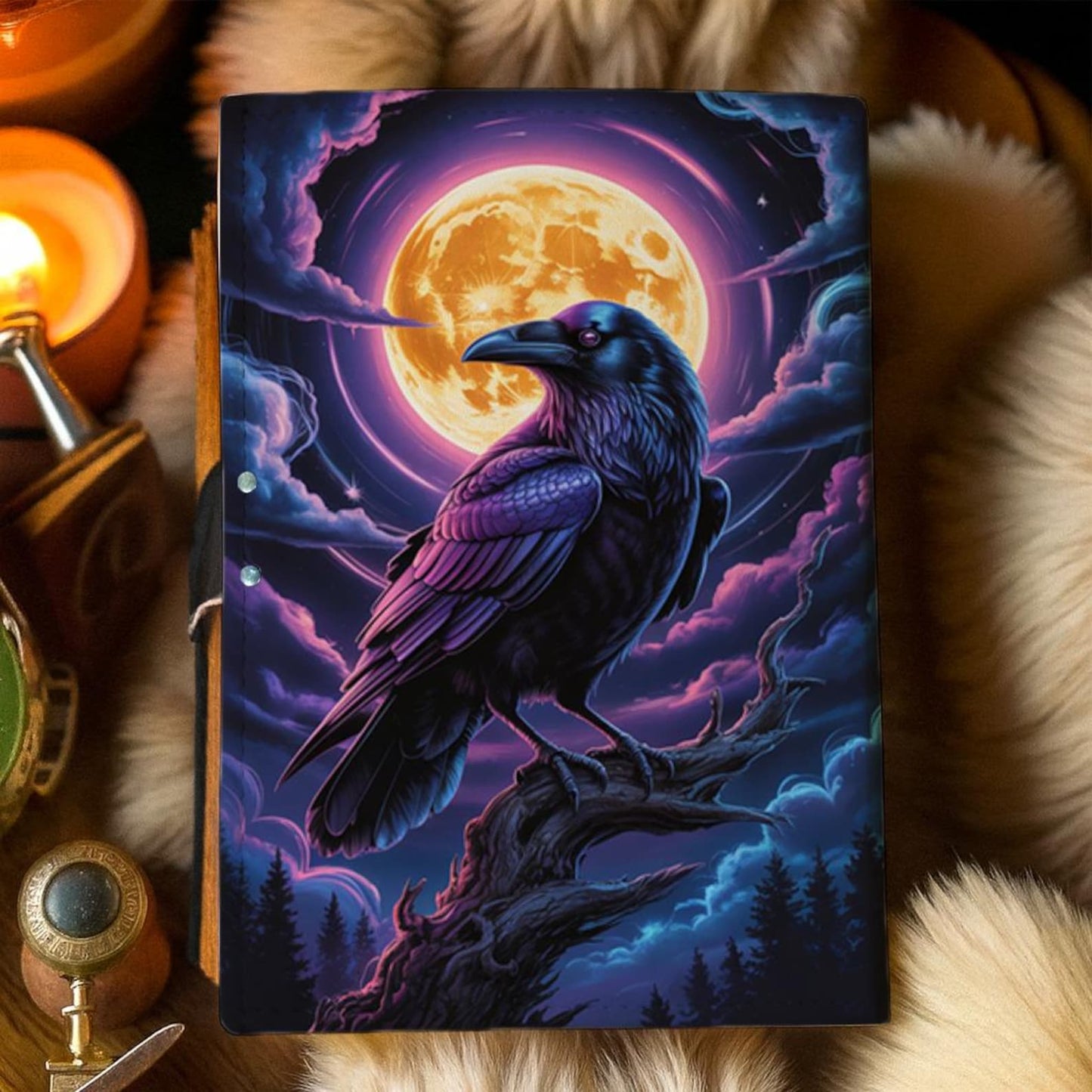 Handmade Leather Journal with Lock Raven and Full Moon Design Gothic Witchy Grimoire Notebook Celestial Crow Writing Diary Halloween Gift