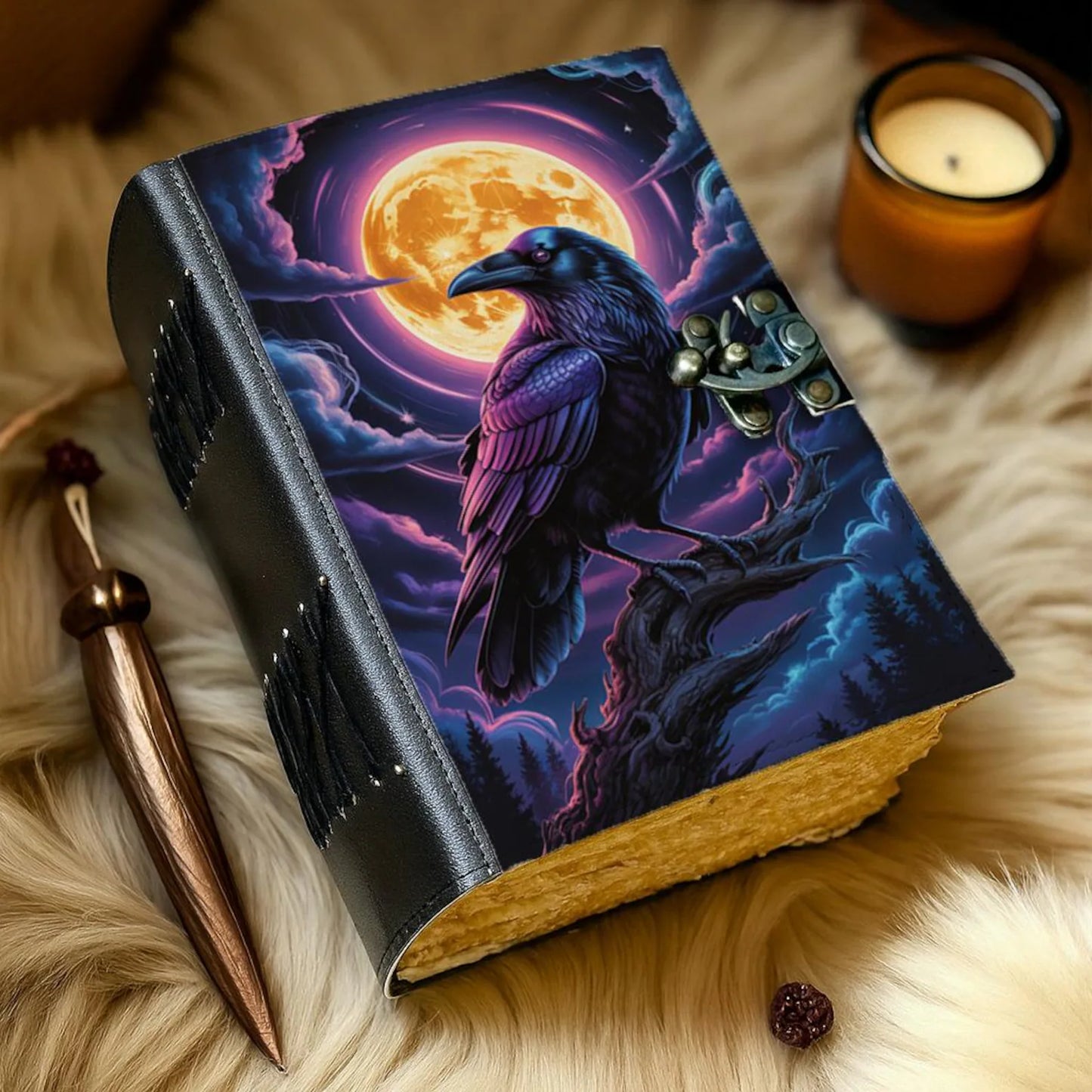 Handmade Leather Journal with Lock Raven and Full Moon Design Gothic Witchy Grimoire Notebook Celestial Crow Writing Diary Halloween Gift