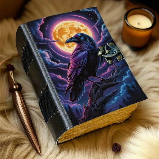 Handmade Leather Journal with Lock Raven and Full Moon Design Gothic Witchy Grimoire Notebook Celestial Crow Writing Diary Halloween Gift