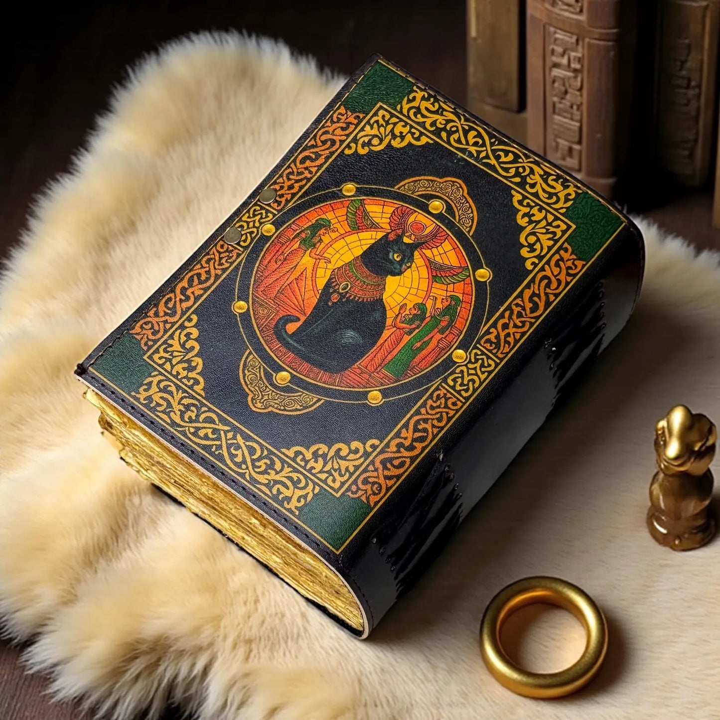 Egyptian Cat Leather Journal with Lock, 400 Pages Vintage Grimoire, Wiccan Pagan Spellbook, Witchcraft Gothic Notebook Gift, Gift for Her