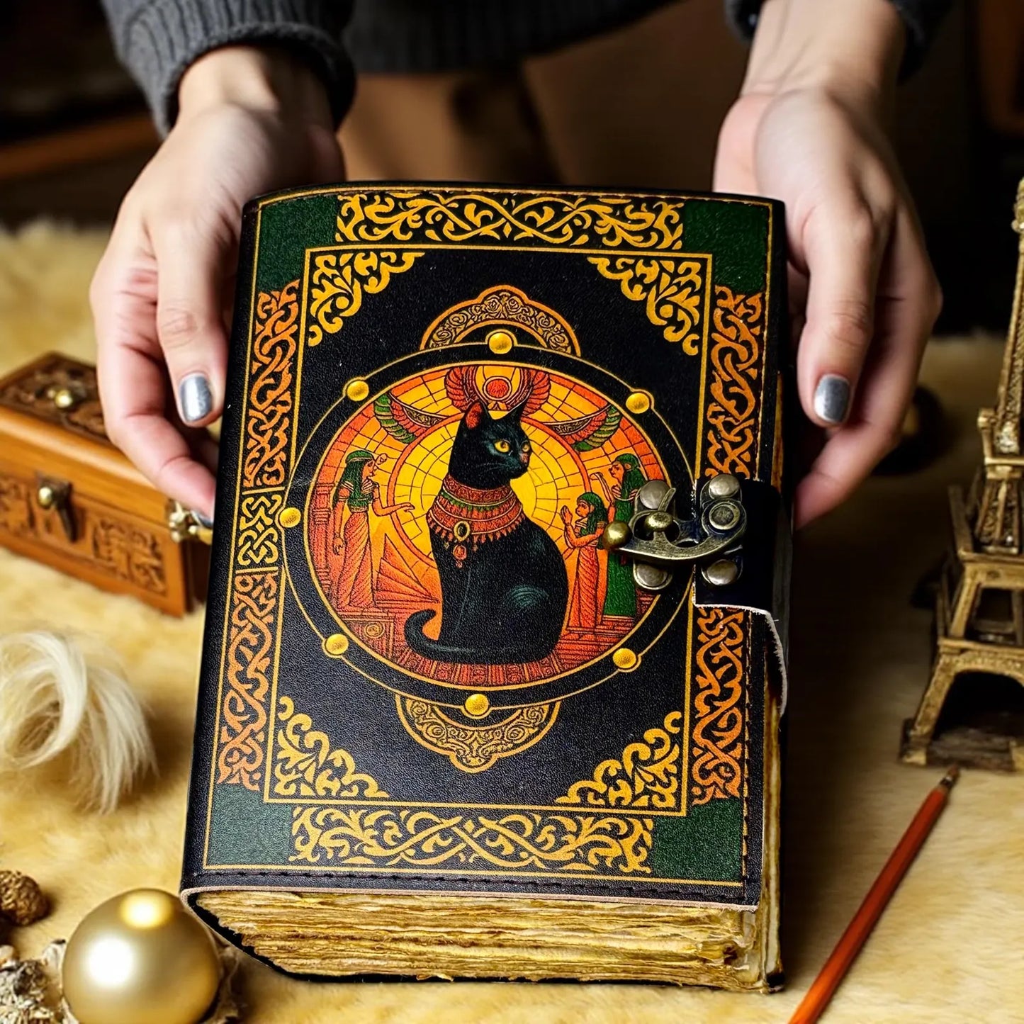 Egyptian Cat Leather Journal with Lock, 400 Pages Vintage Grimoire, Wiccan Pagan Spellbook, Witchcraft Gothic Notebook Gift, Gift for Her