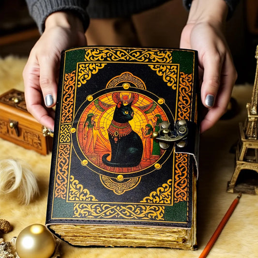Egyptian Cat Leather Journal with Lock, 400 Pages Vintage Grimoire, Wiccan Pagan Spellbook, Witchcraft Gothic Notebook Gift, Gift for Her