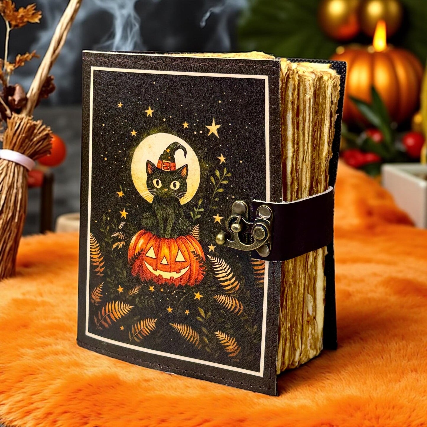 Halloween Pumpkin Leather Grimoire, Gothic Witchy Spell Book of Shadows, Refillable Magic Journal for Witches, Tarot, Spells & Witchy Gift