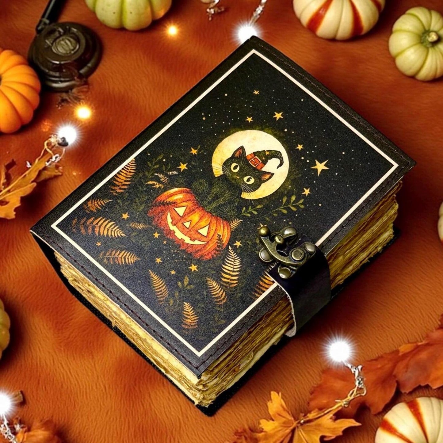 Halloween Pumpkin Leather Grimoire, Gothic Witchy Spell Book of Shadows, Refillable Magic Journal for Witches, Tarot, Spells & Witchy Gift