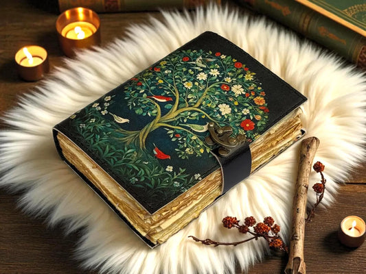 Celestial Tree of Life Leather Journal | Handmade Grimoire Moon Spell Book | Antique lock Closure | Christmas Gifts for Him & her