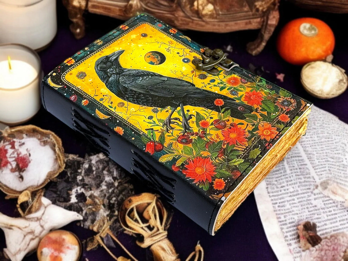 Tha Black Raven Grimoire Leather Journal Witchcraft Book of Shadows with Lock Deckle Paper Gothic Wiccan Spell book Halloween Journal gifts