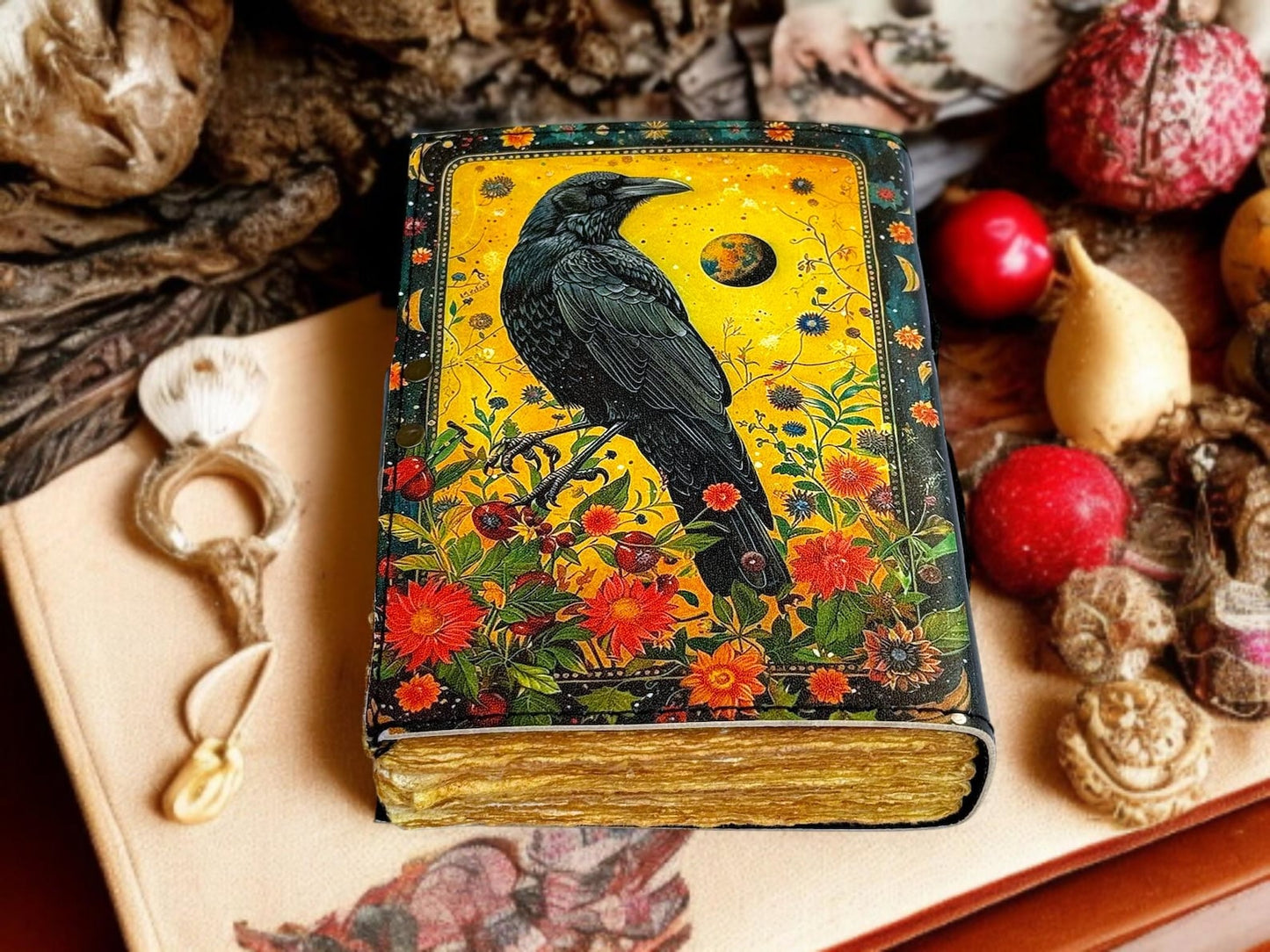 Tha Black Raven Grimoire Leather Journal Witchcraft Book of Shadows with Lock Deckle Paper Gothic Wiccan Spell book Halloween Journal gifts