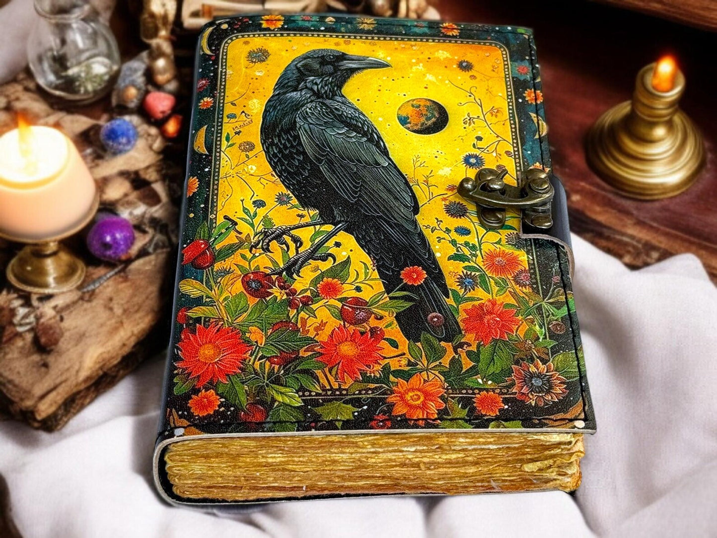 Tha Black Raven Grimoire Leather Journal Witchcraft Book of Shadows with Lock Deckle Paper Gothic Wiccan Spell book Halloween Journal gifts