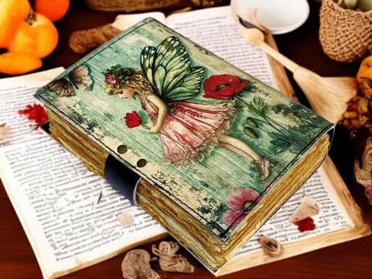 Fairy Leather Grimoire Journal – Handmade Book of Shadows with Lock