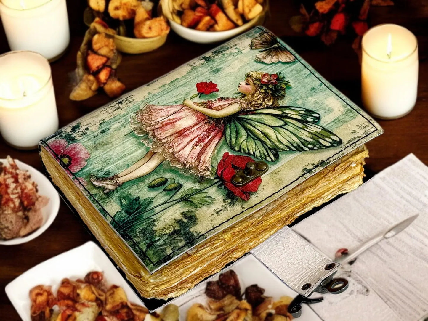 Fairy Leather Grimoire Journal – Handmade Book of Shadows with Lock