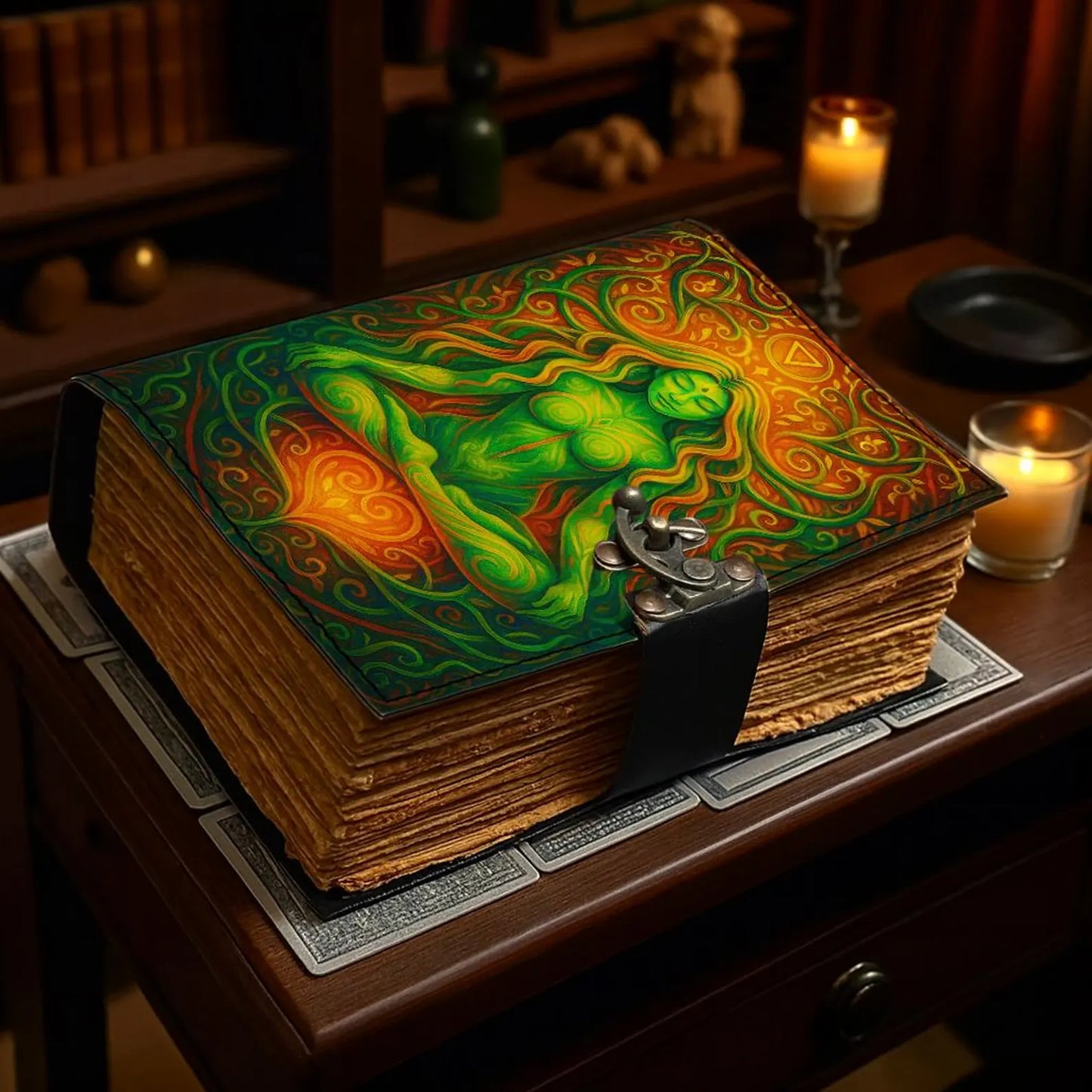 Green Goddess Leather Journal – Handmade Earth Element Grimoire Notebook, Embossed Meditation Diary with Lock, Pagan Wiccan Spellbook Gift