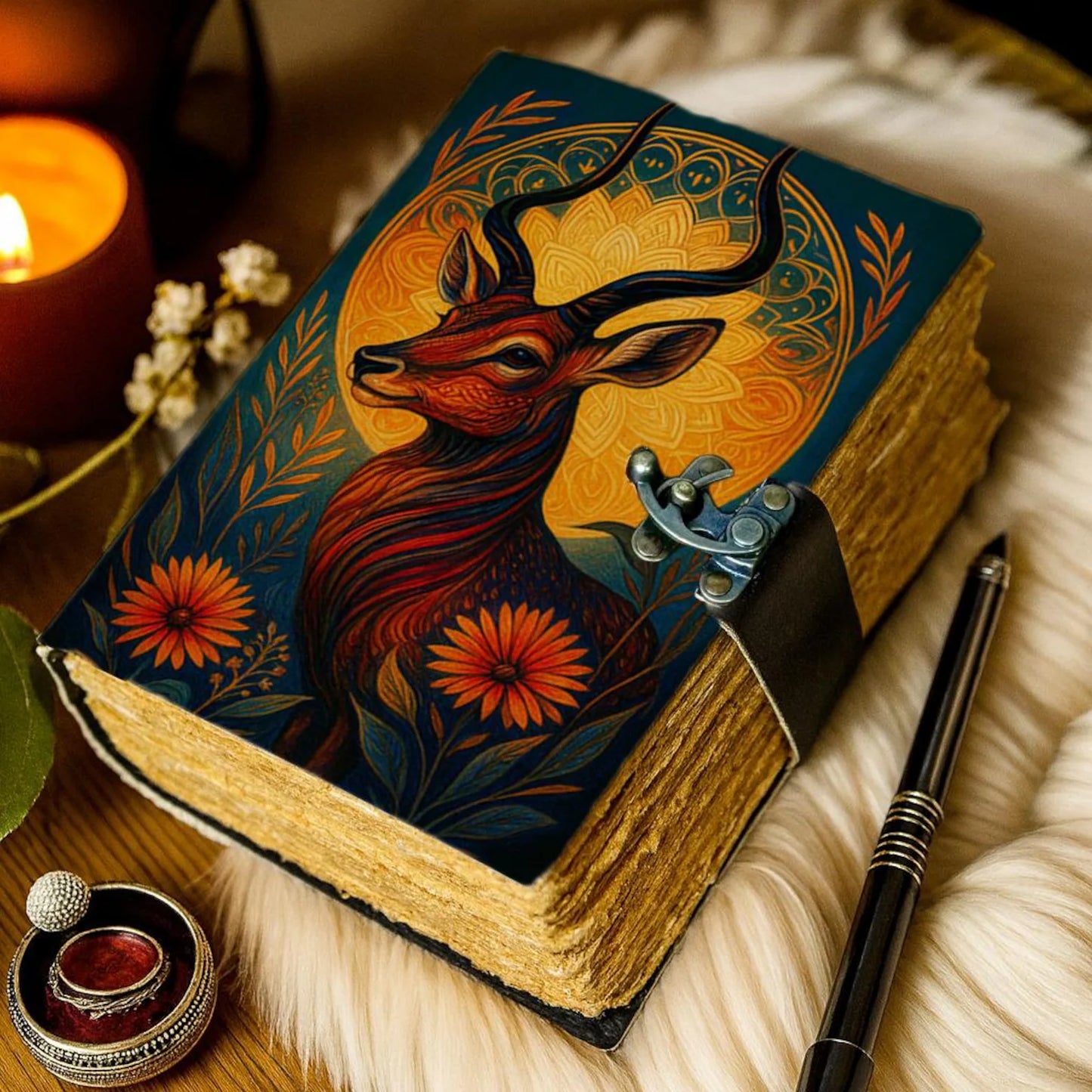Deer Leather Journal Handmade Embossed Stag Notebook with Lock Forest Wildlife Grimoire Diary Rustic Nature Sketchbook Gift for Men & Women
