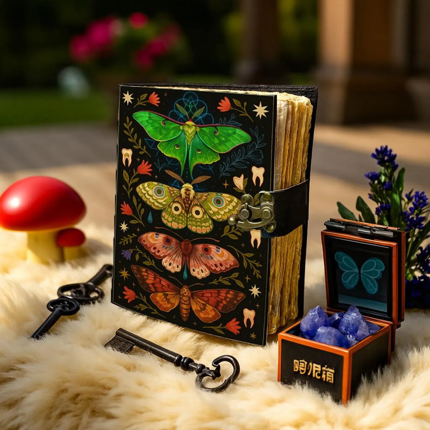 Handmade Leather Journal with Lock – Colorful Moth and Floral Grimoire, Witchy Art Notebook, Vintage Book of Shadows Boho Writing Diary Gift