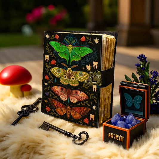 Handmade Leather Journal with Lock – Colorful Moth and Floral Grimoire, Witchy Art Notebook, Vintage Book of Shadows Boho Writing Diary Gift
