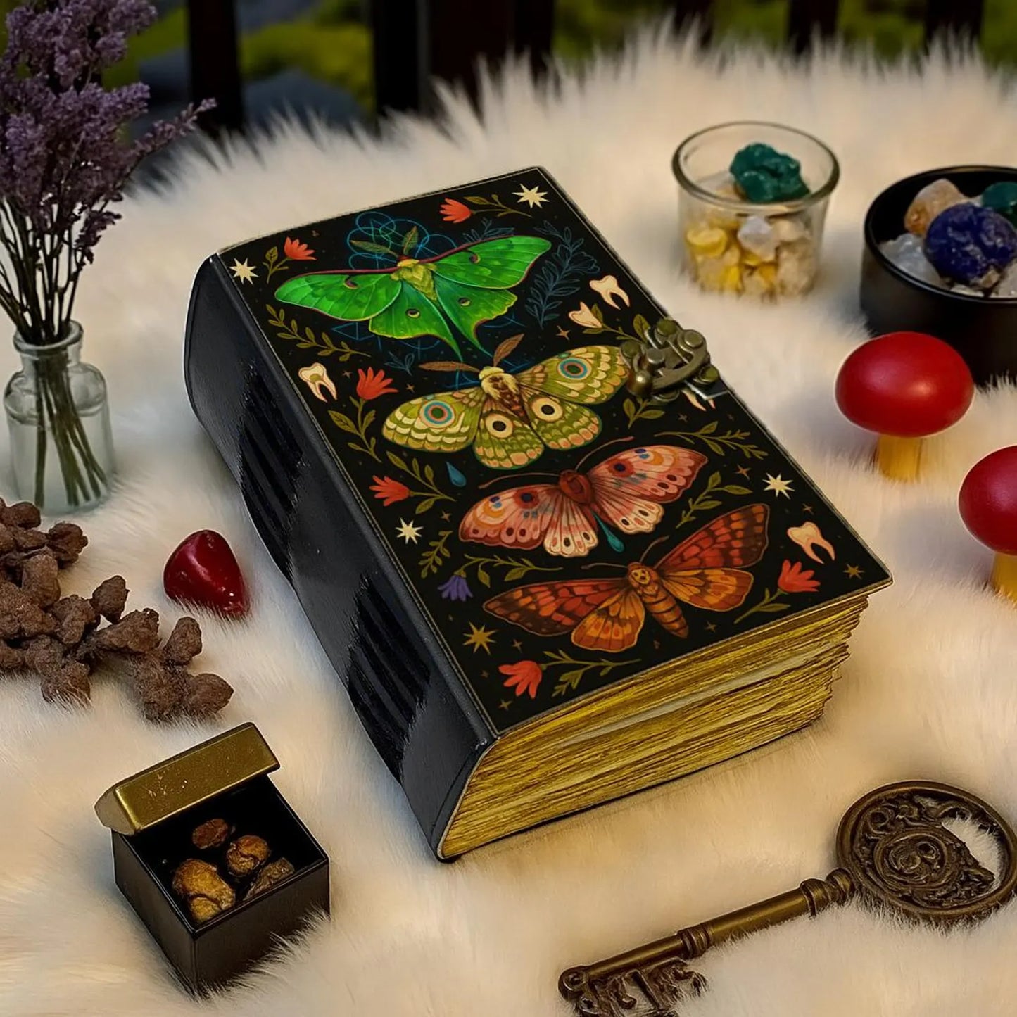 Handmade Leather Journal with Lock – Colorful Moth and Floral Grimoire, Witchy Art Notebook, Vintage Book of Shadows Boho Writing Diary Gift