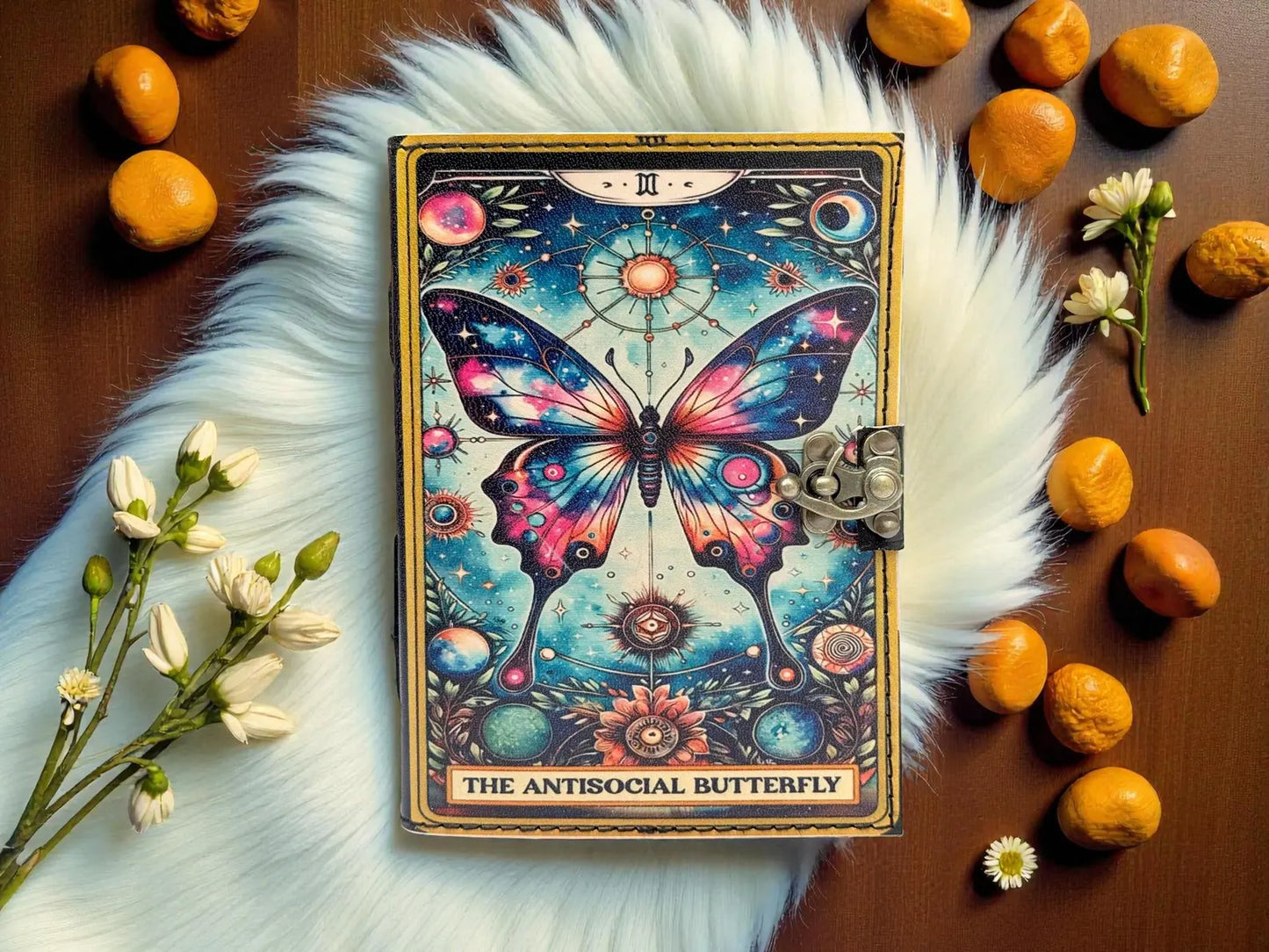 Butterfly Leather Journal with Lock – Witchcraft Grimoire, Pagan Notebook