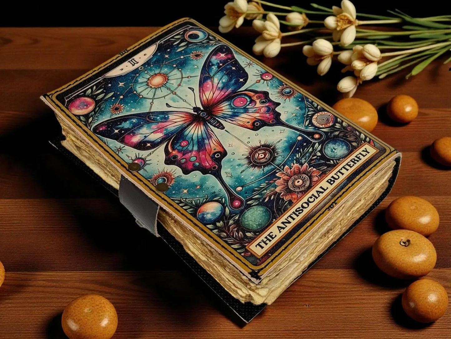 Butterfly Leather Journal with Lock – Witchcraft Grimoire, Pagan Notebook