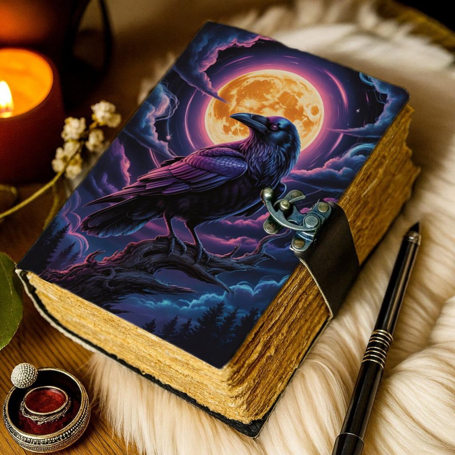 Handmade Leather Journal with Lock Raven and Full Moon Design Gothic Witchy Grimoire Notebook Celestial Crow Writing Diary Halloween Gift