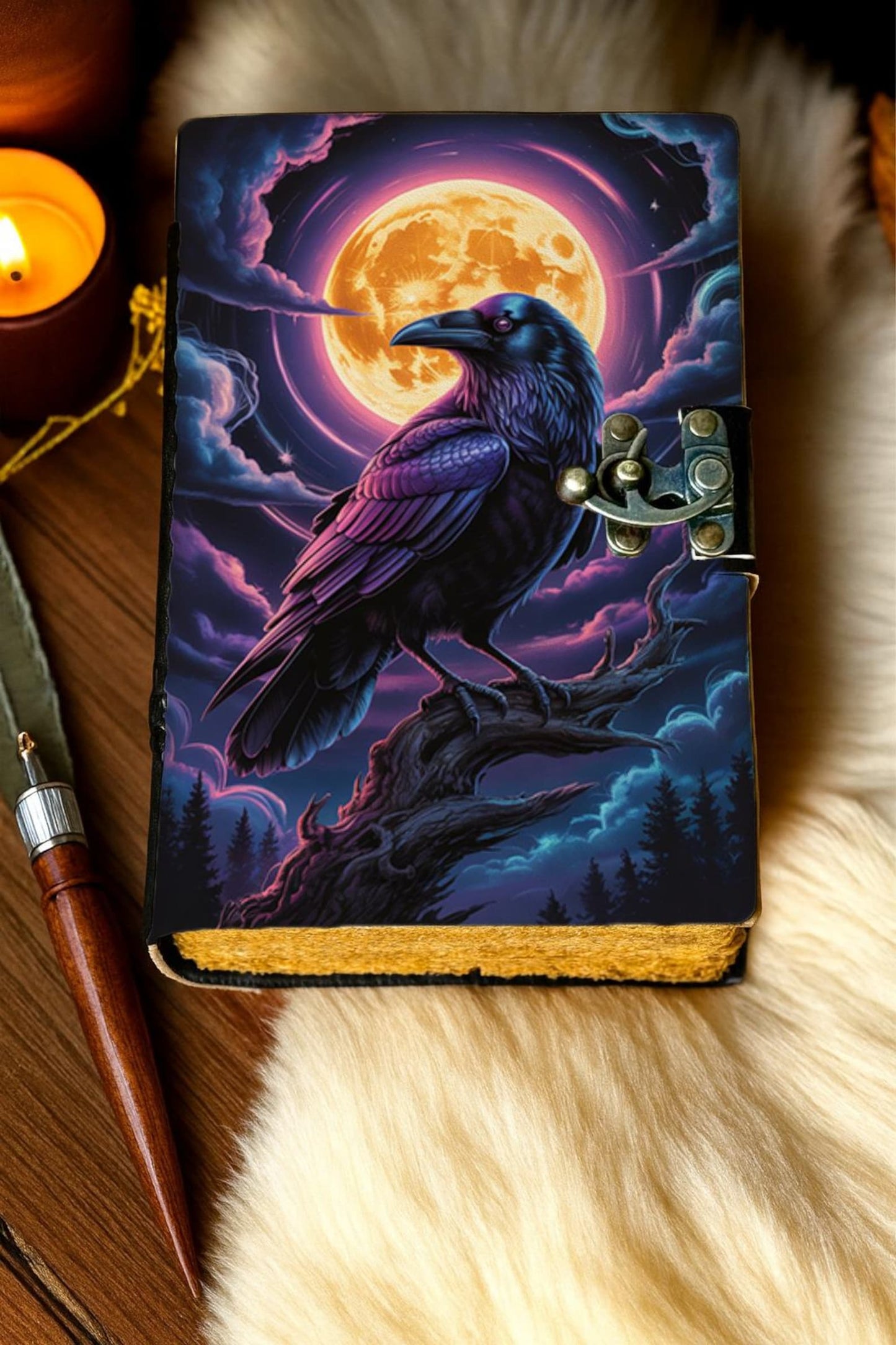 Handmade Leather Journal with Lock Raven and Full Moon Design Gothic Witchy Grimoire Notebook Celestial Crow Writing Diary Halloween Gift