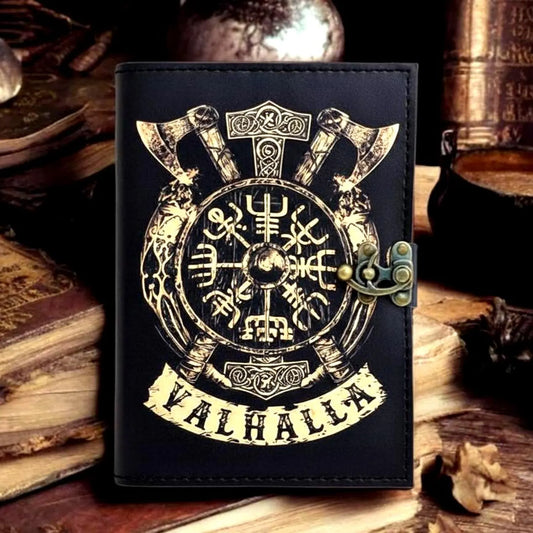 Valhalla Leather Journal, Viking Rune/Axe Print Diary Norse Mythology Gift For Writers/Warriors The Home Of The Gods 200 old deckle edge.