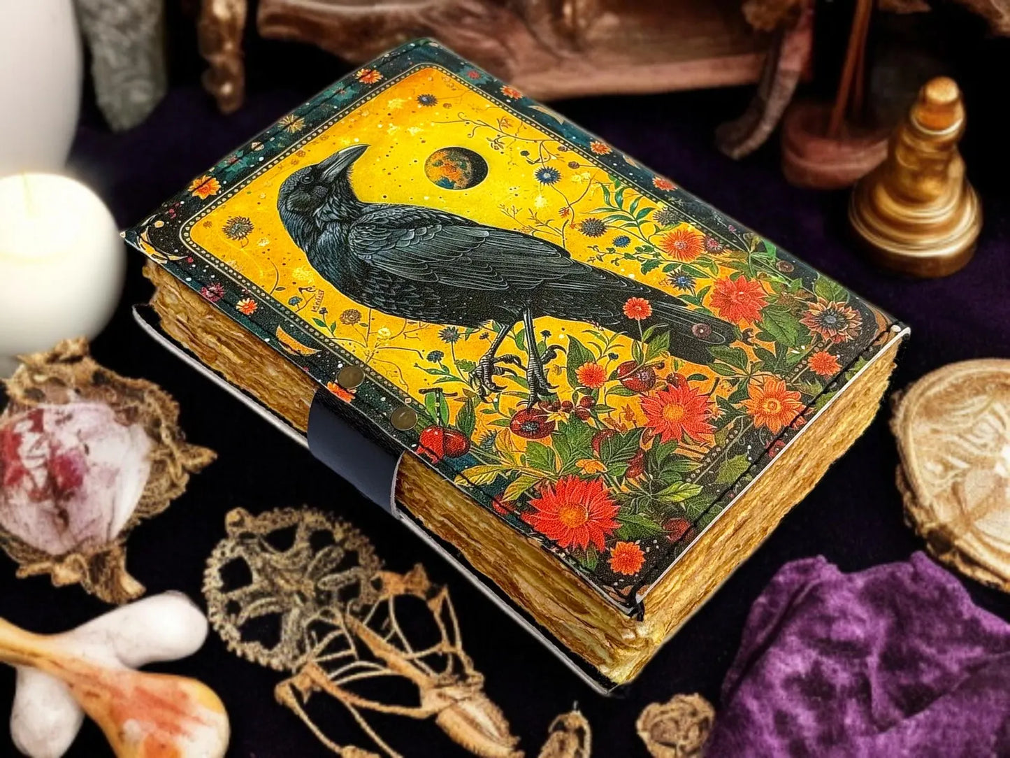 Tha Black Raven Grimoire Leather Journal Witchcraft Book of Shadows with Lock Deckle Paper Gothic Wiccan Spell book Halloween Journal gifts