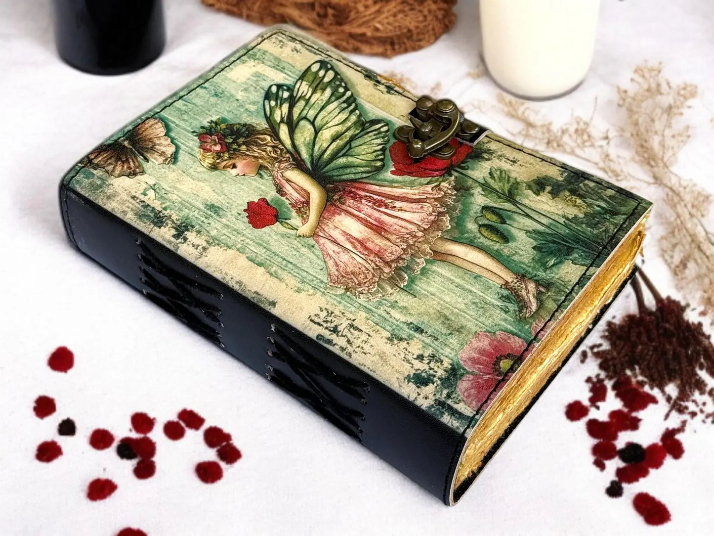 Fairy Leather Grimoire Journal – Handmade Book of Shadows with Lock