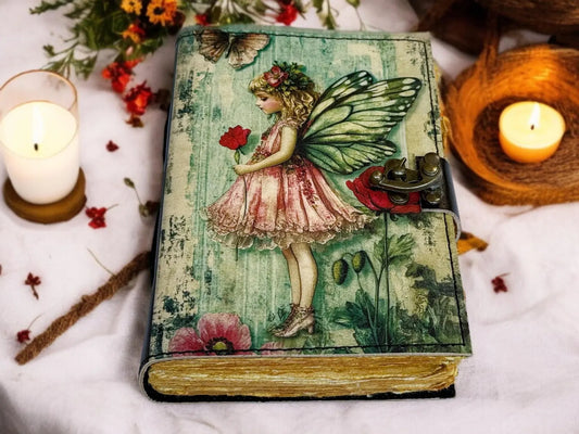 Fairy Leather Grimoire Journal – Handmade Book of Shadows with Lock