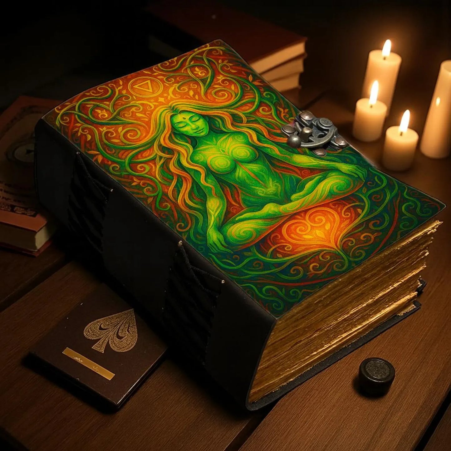 Green Goddess Leather Journal – Handmade Earth Element Grimoire Notebook, Embossed Meditation Diary with Lock, Pagan Wiccan Spellbook Gift