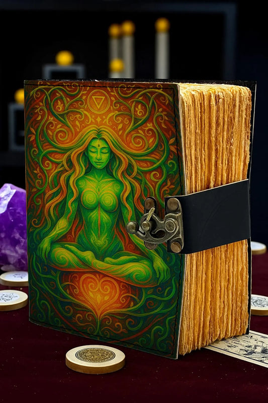Green Goddess Leather Journal – Handmade Earth Element Grimoire Notebook, Embossed Meditation Diary with Lock, Pagan Wiccan Spellbook Gift