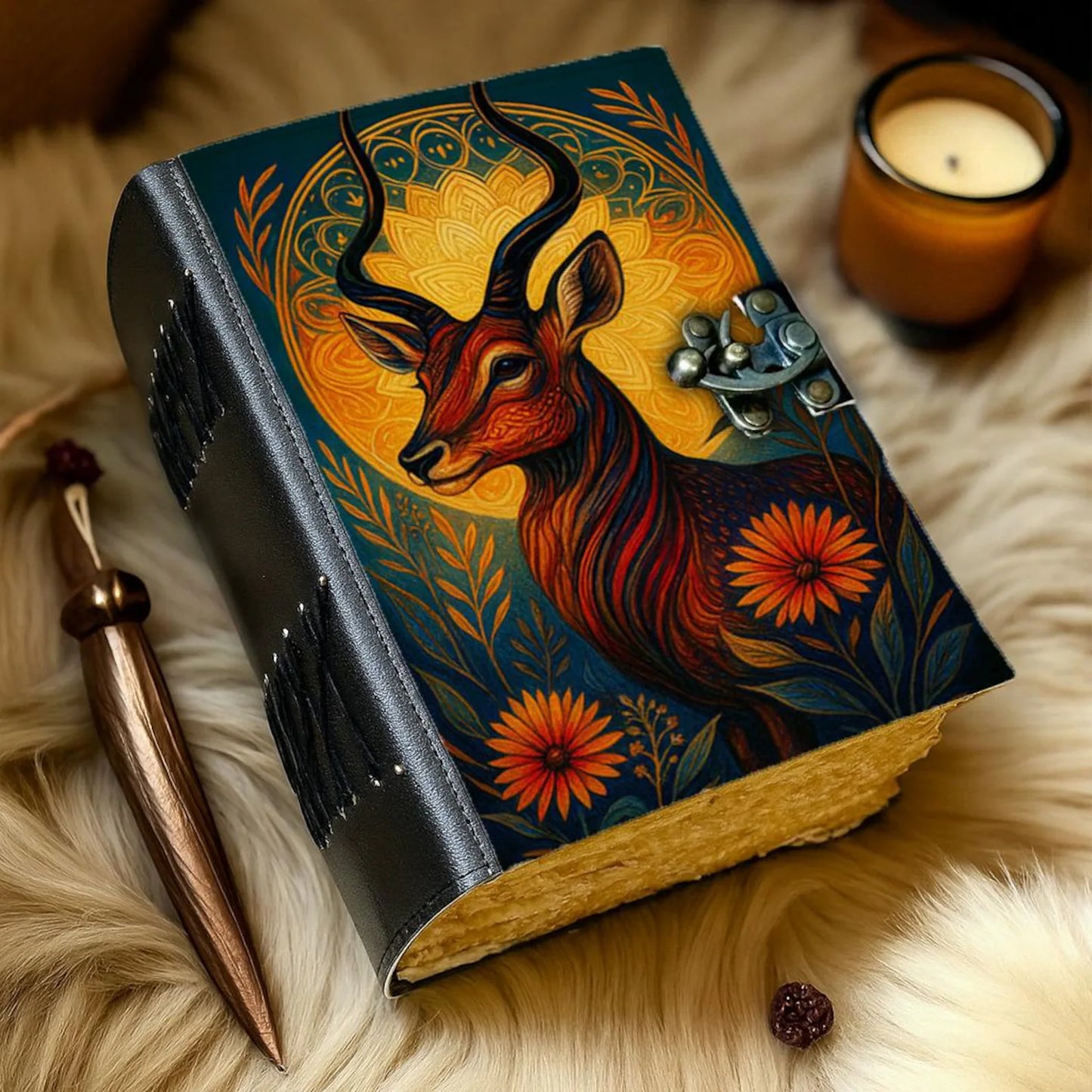 Deer Leather Journal Handmade Embossed Stag Notebook with Lock Forest Wildlife Grimoire Diary Rustic Nature Sketchbook Gift for Men & Women