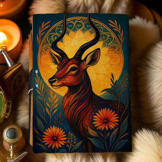 Deer Leather Journal Handmade Embossed Stag Notebook with Lock Forest Wildlife Grimoire Diary Rustic Nature Sketchbook Gift for Men & Women