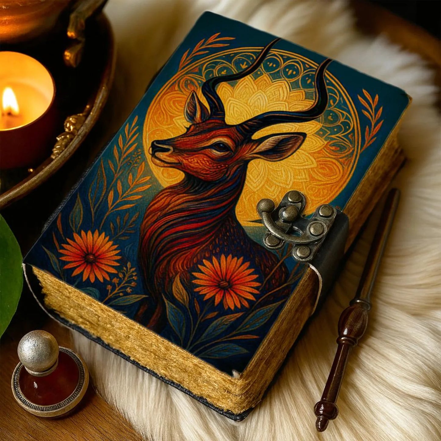 Deer Leather Journal Handmade Embossed Stag Notebook with Lock Forest Wildlife Grimoire Diary Rustic Nature Sketchbook Gift for Men & Women