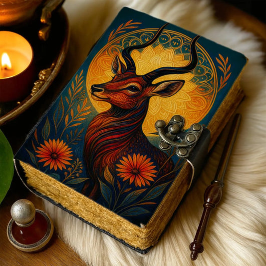 Deer Leather Journal Handmade Embossed Stag Notebook with Lock Forest Wildlife Grimoire Diary Rustic Nature Sketchbook Gift for Men & Women