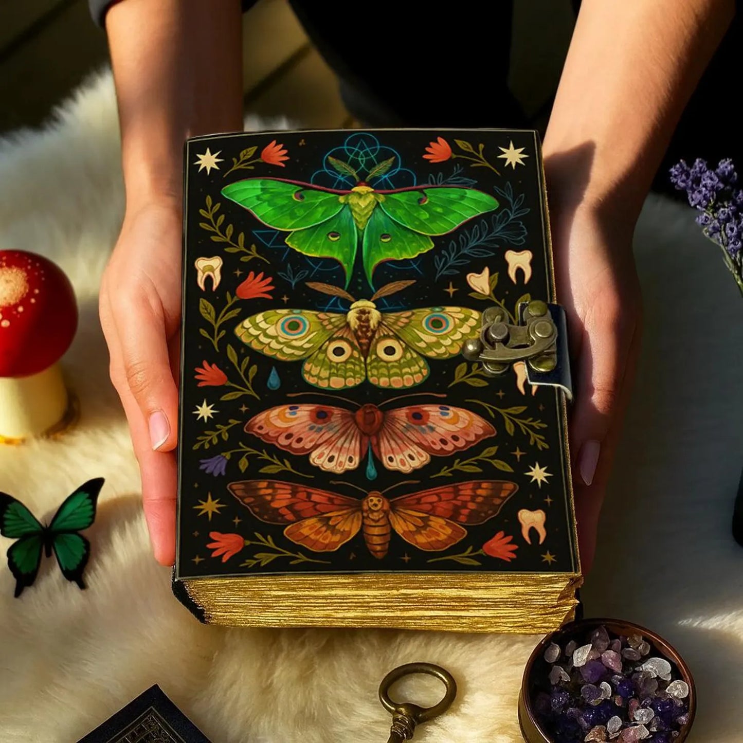 Handmade Leather Journal with Lock – Colorful Moth and Floral Grimoire, Witchy Art Notebook, Vintage Book of Shadows Boho Writing Diary Gift