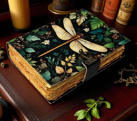 Dragonfly Leather Journal with Lock: Handmade Writing Notebook 400 Page Handmade Book of Shadows, Large Book Spell book, Magic Diary Gift