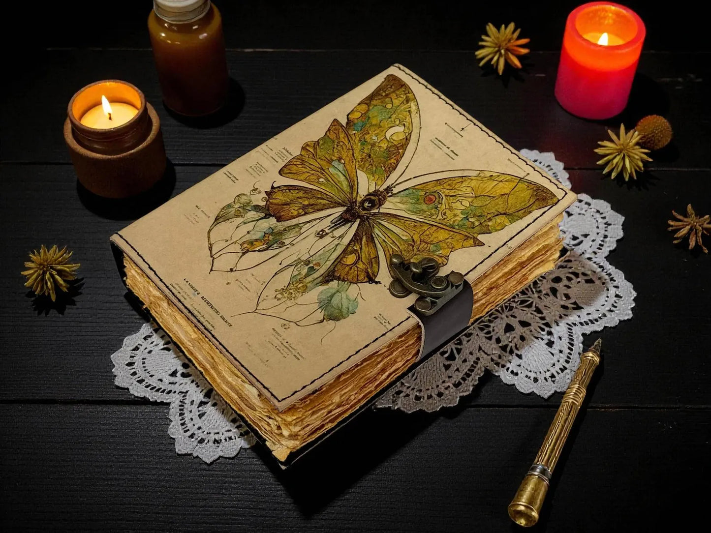 Luna Moth Leather Grimoire Journal – 400 Page Witchcraft Book of Shadows | Celestial Wiccan Spellbook, Gothic Pagan Witchy Gift Diary