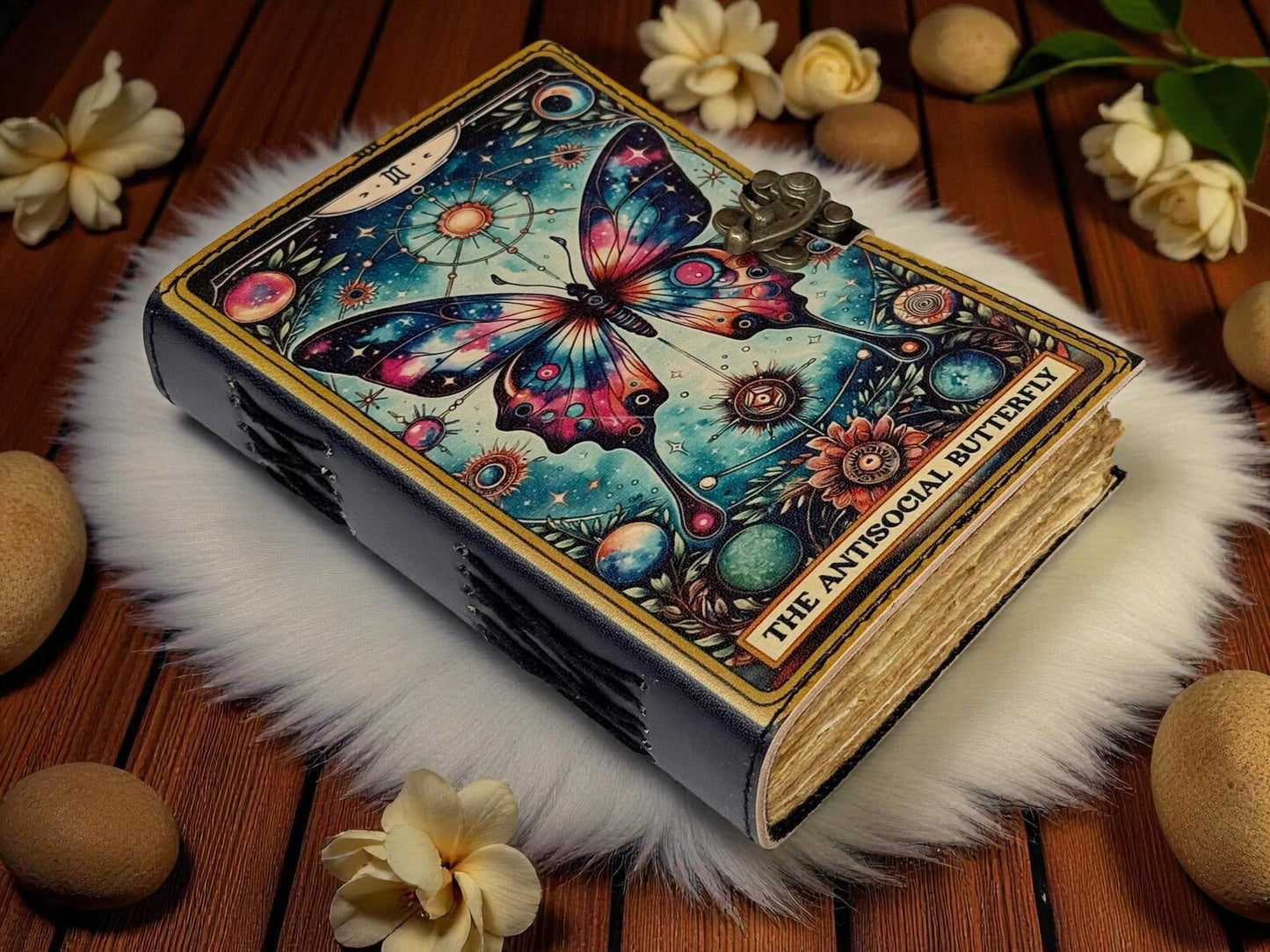 Butterfly Leather Journal with Lock – Witchcraft Grimoire, Pagan Notebook