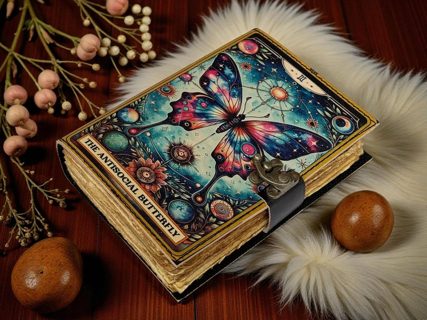 Butterfly Leather Journal with Lock – Witchcraft Grimoire, Pagan Notebook