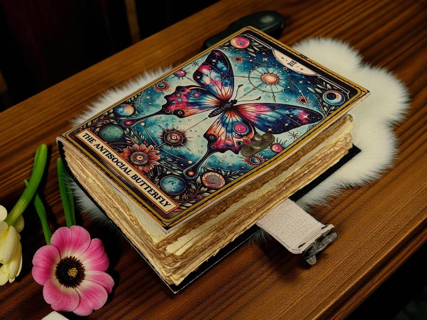 Butterfly Leather Journal with Lock – Witchcraft Grimoire, Pagan Notebook