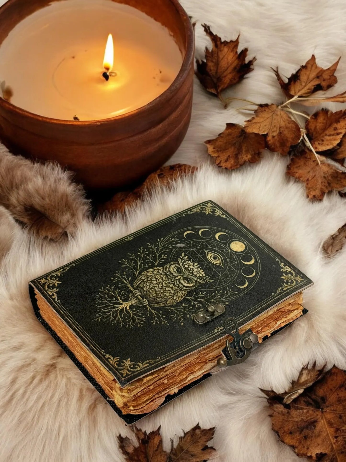 Owl Leather Journal – Handmade Gothic Grimoire Book of Shadows, 200 Pages Vintage Witchcraft Spellbook, Wiccan Pagan Magic Diary Occult Gift