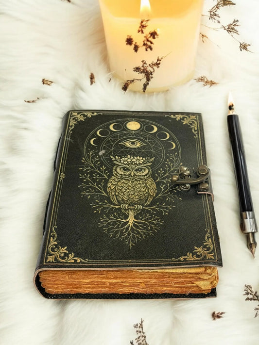 Owl Leather Journal – Handmade Gothic Grimoire Book of Shadows, 200 Pages Vintage Witchcraft Spellbook, Wiccan Pagan Magic Diary Occult Gift
