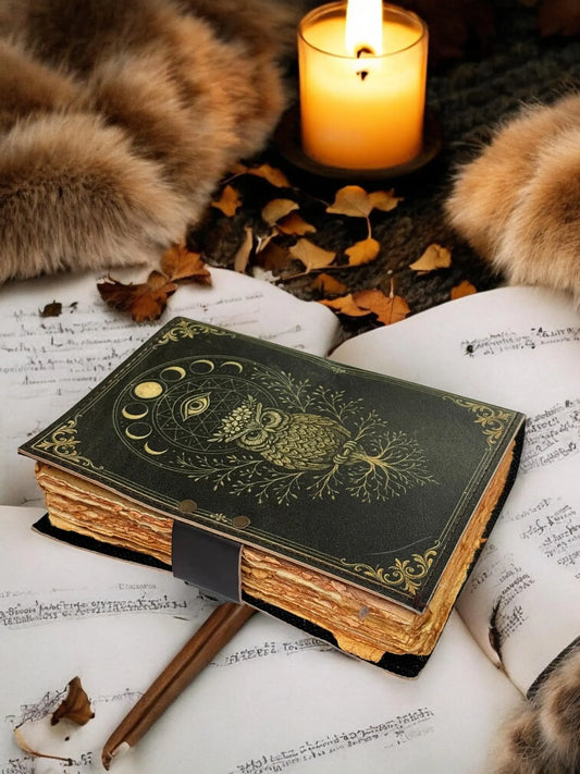 Owl Leather Journal – Handmade Gothic Grimoire Book of Shadows, 200 Pages Vintage Witchcraft Spellbook, Wiccan Pagan Magic Diary Occult Gift
