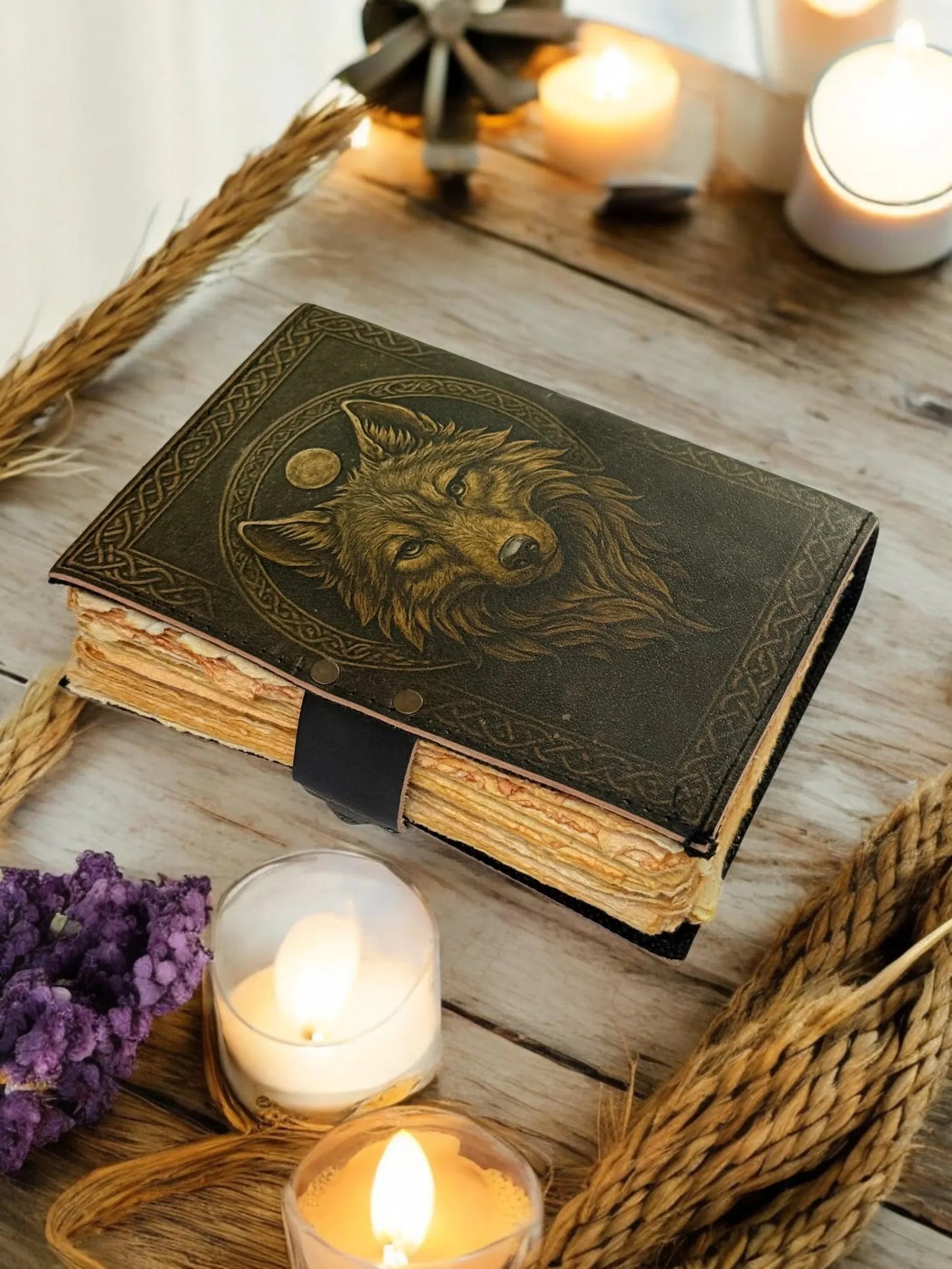 Wolf Print Handmade Vintage Leather Journal: Blank Spell Book of Shadows, for Sketching, Writing personalized gifts for women