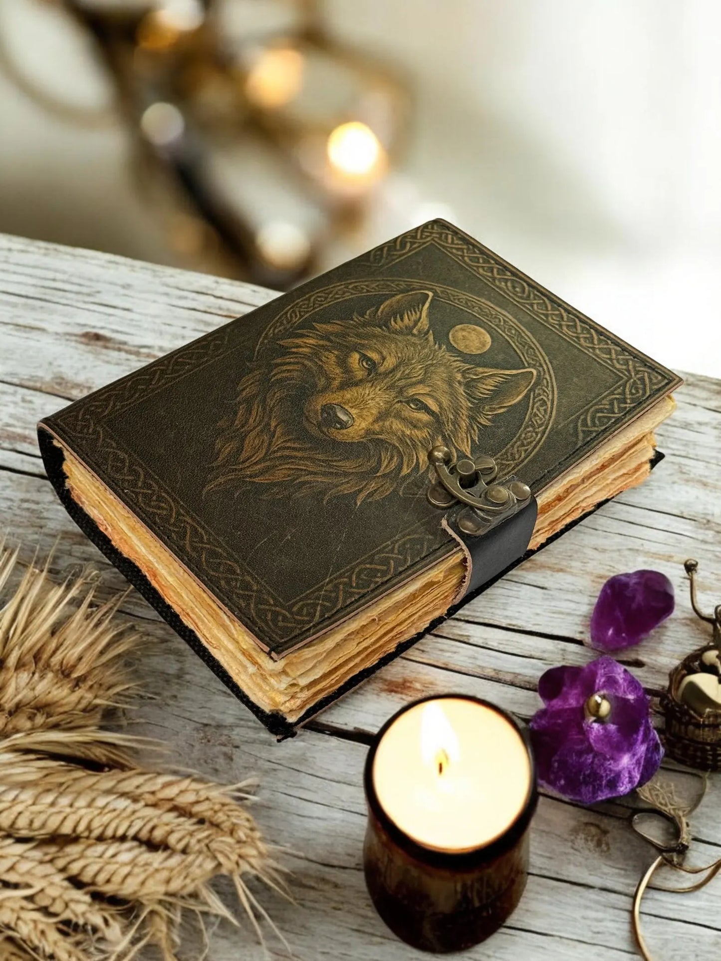 Wolf Print Handmade Vintage Leather Journal: Blank Spell Book of Shadows, for Sketching, Writing personalized gifts for women