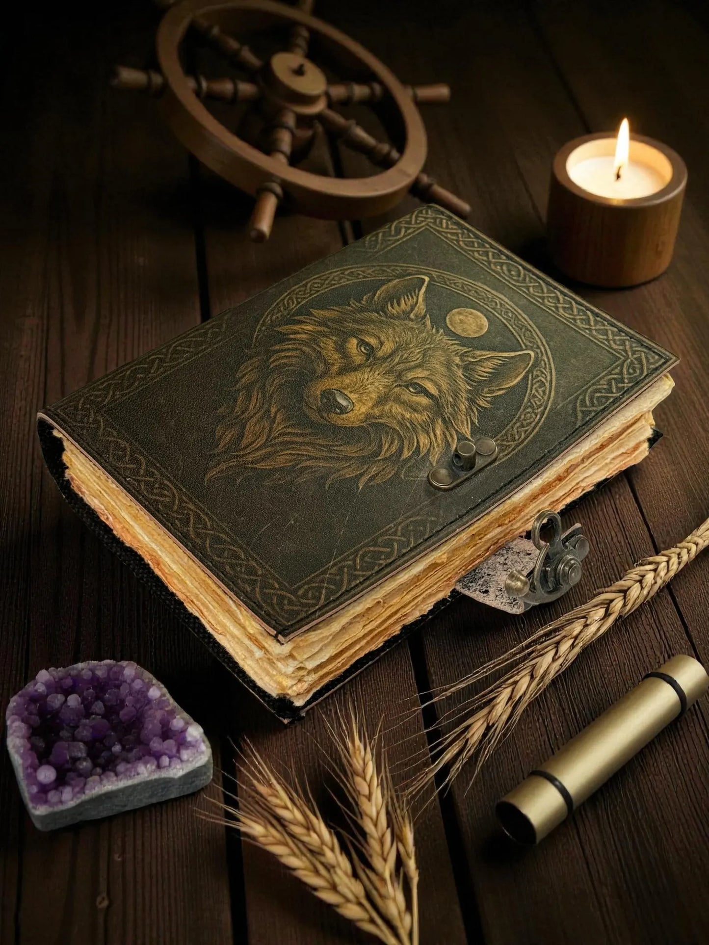 Wolf Print Handmade Vintage Leather Journal: Blank Spell Book of Shadows, for Sketching, Writing personalized gifts for women