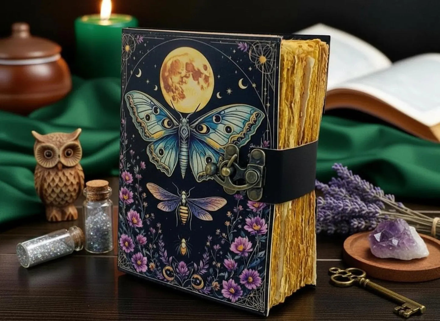 Floral Moon Moth Journal – Celestial Leather Grimoire | Handmade Book of Shadows | Witchy Garden Sketchbook | Full Moon Diary |